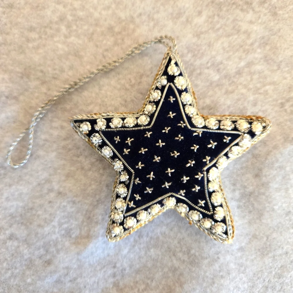 VTG Navy Blue Velvet Pearl Sequin Ornaments Lot of 2, Jeweled Star/Teardrop Ball